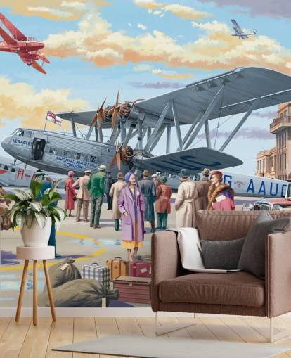 fargerikt tilpassbart tapetmaleri fra svunnen tid kalt Vintage Air Show av Victor McLindon for omsorgsboliger fargerikt tilpassbart tapetmaleri fra svunnen tid kalt Vintage Air Show av Victor McLindon for omsorgsboliger