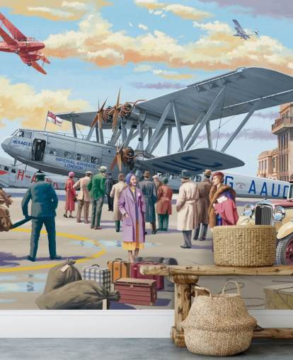 colorido mural de papel pintado personalizable de épocas pasadas llamado Vintage Air Show de Victor McLindon para residencias de ancianos