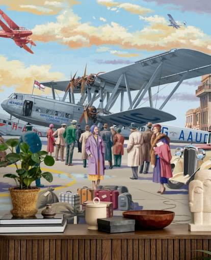 colorido mural de papel pintado personalizable de épocas pasadas llamado Vintage Air Show de Victor McLindon para residencias de ancianos