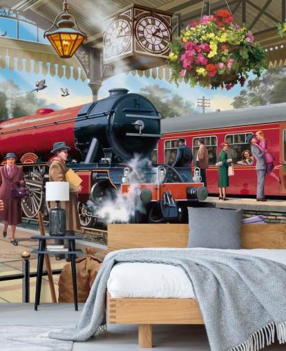 colorful bygone era wallpaper mural called 1960s Railway Station by Victor McLindon for care homes