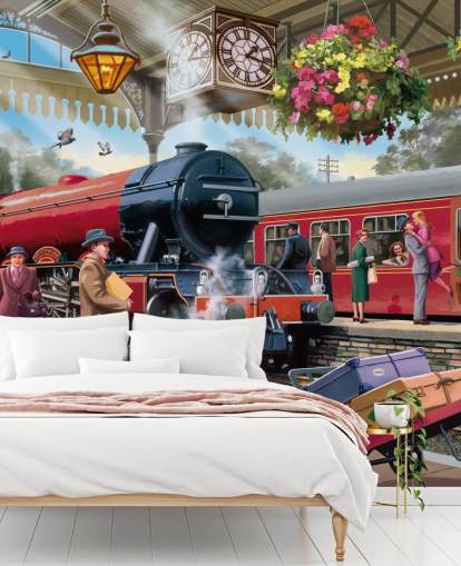 colourful bygone era wallpaper mural called 1960s Railway Station by Victor McLindon for care homes colourful bygone era wallpaper mural called 1960s Railway Station by Victor McLindon for care homes