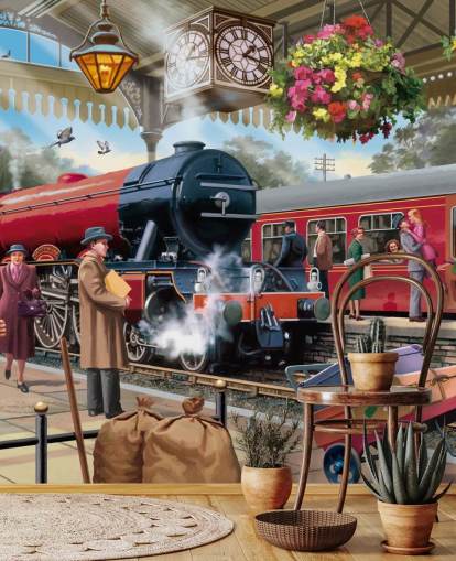 colourful bygone era wallpaper mural called 1960s Railway Station by Victor McLindon for care homes