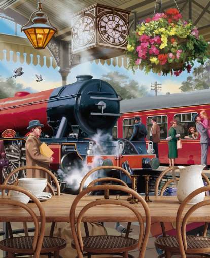 colorido mural de papel pintado de la época pasada llamado Estación de tren de los años 60 de Victor McLindon para residencias de ancianos