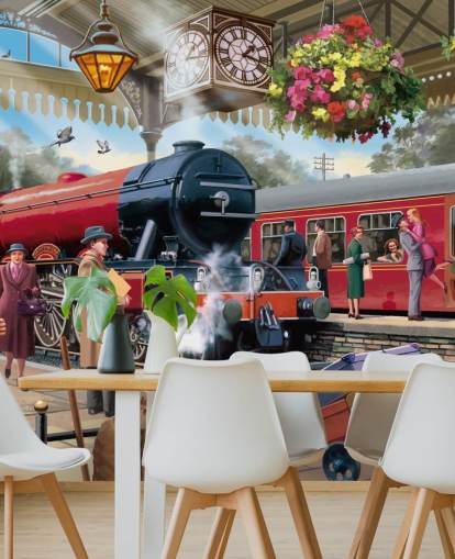 colourful bygone era wallpaper mural called 1960s Railway Station by Victor McLindon for care homes