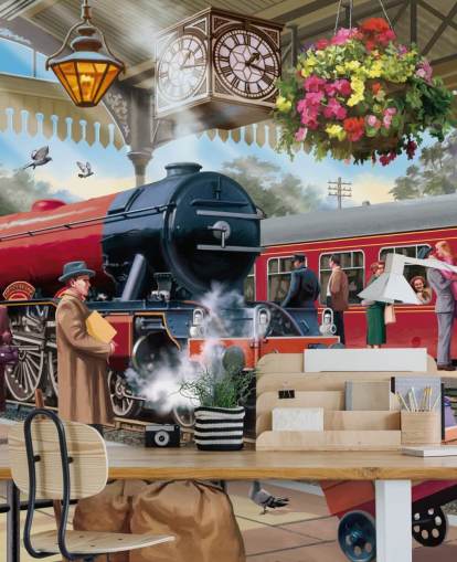 colorido mural de papel pintado de la época pasada llamado Estación de tren de los años 60 de Victor McLindon para residencias de ancianos