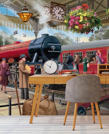 colorido mural de papel pintado de la época pasada llamado Estación de tren de los años 60 de Victor McLindon para residencias de ancianos