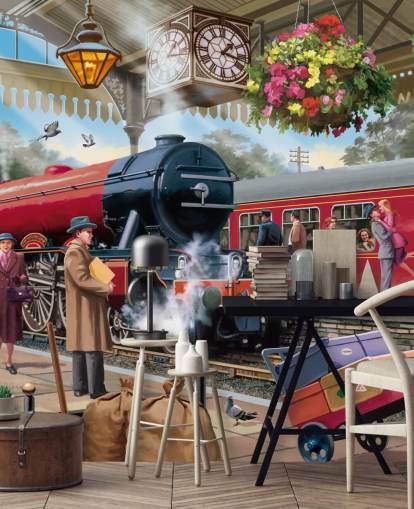 mural colorido de papel de parede da era passada chamado 1960 Railway Station, de Victor McLindon, para casas de repouso