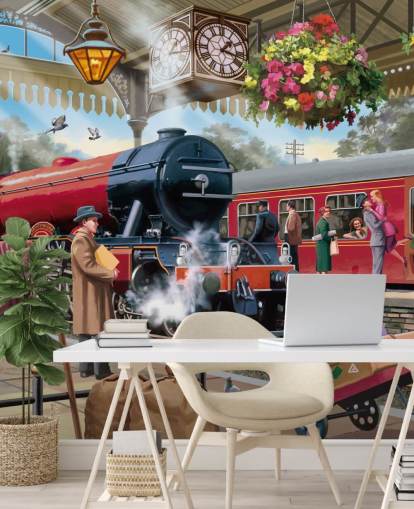 färgglad tapetväggmålning från svunnen tid som heter 1960-talets järnvägsstation av Victor McLindon för vårdhem färgglad tapetväggmålning från svunnen tid som heter 1960-talets järnvägsstation av Victor McLindon för vårdhem
