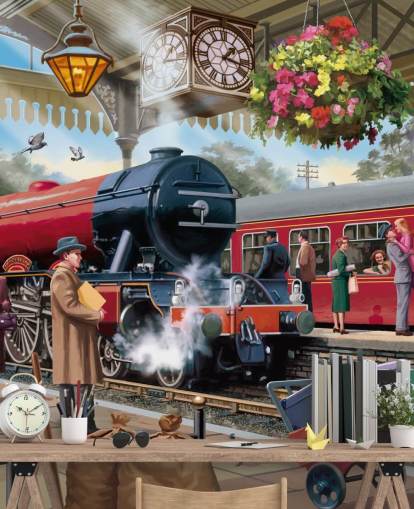 colorful bygone era wallpaper mural called 1960s Railway Station by Victor McLindon for care homes