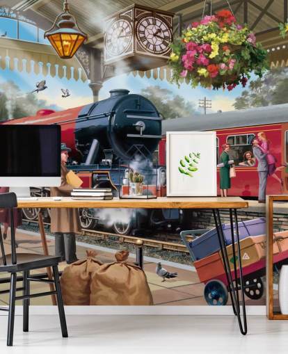 colorful bygone era wallpaper mural called 1960s Railway Station by Victor McLindon for care homes