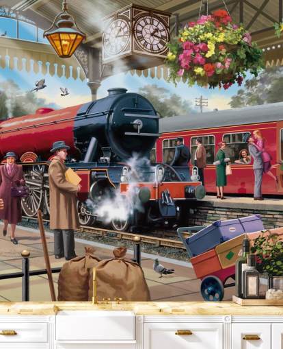 carta da parati murale colorata di epoca passata chiamata Stazione ferroviaria degli anni '60 di Victor McLindon per case di cura carta da parati murale colorata di epoca passata chiamata Stazione ferroviaria degli anni '60 di Victor McLindon per case di cura