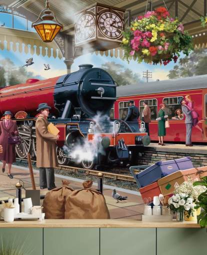 carta da parati murale colorata di epoca passata chiamata Stazione ferroviaria degli anni '60 di Victor McLindon per case di cura