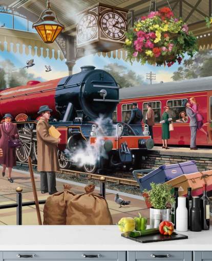 colorido mural de papel pintado de la época pasada llamado Estación de tren de los años 60 de Victor McLindon para residencias de ancianos