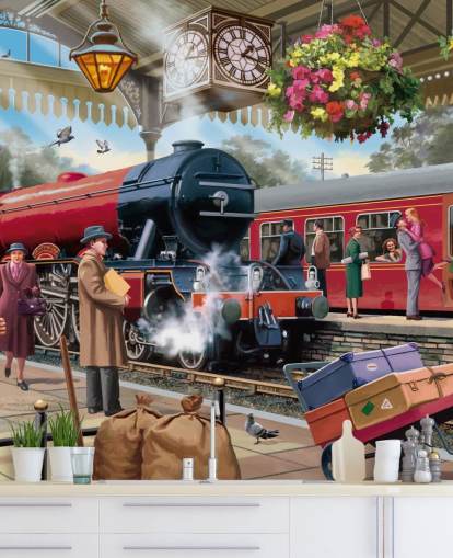 colorful bygone era wallpaper mural called 1960s Railway Station by Victor McLindon for care homes