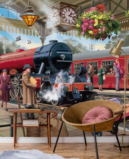 colourful bygone era wallpaper mural called 1960s Railway Station by Victor McLindon for care homes