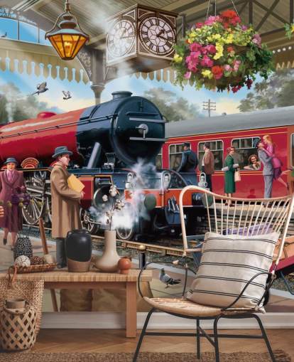 colorido mural de papel pintado de la época pasada llamado Estación de tren de los años 60 de Victor McLindon para residencias de ancianos