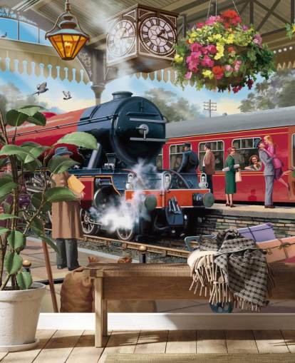 colorido mural de papel pintado de la época pasada llamado Estación de tren de los años 60 de Victor McLindon para residencias de ancianos