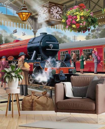 colorful bygone era wallpaper mural called 1960s Railway Station by Victor McLindon for care homes colorful bygone era wallpaper mural called 1960s Railway Station by Victor McLindon for care homes