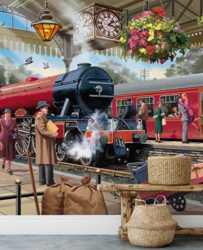 colorful bygone era wallpaper mural called 1960s Railway Station by Victor McLindon for care homes