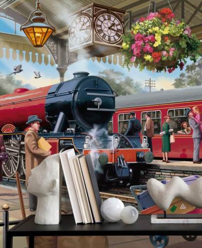 mural colorido de papel de parede da era passada chamado 1960 Railway Station, de Victor McLindon, para casas de repouso