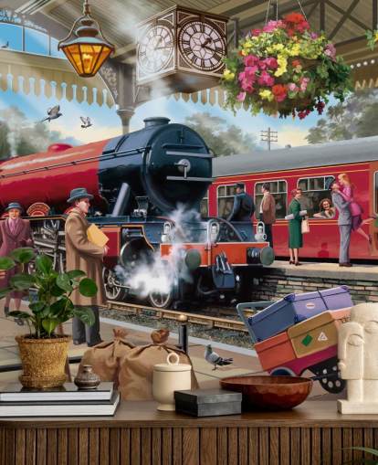colorido mural de papel pintado de la época pasada llamado Estación de tren de los años 60 de Victor McLindon para residencias de ancianos