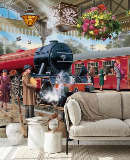 färgglad tapetväggmålning från svunnen tid som heter 1960-talets järnvägsstation av Victor McLindon för vårdhem