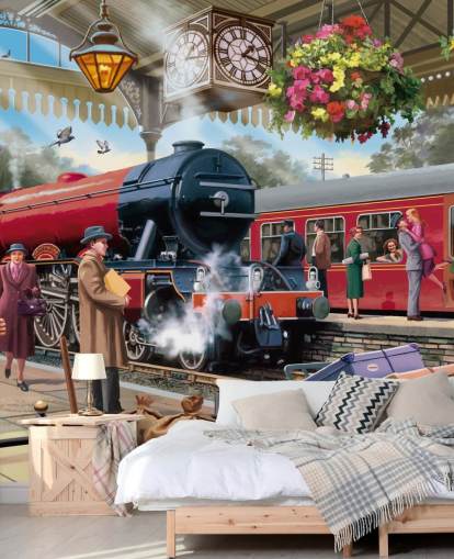 colorful bygone era wallpaper mural called 1960s Railway Station by Victor McLindon for care homes colorful bygone era wallpaper mural called 1960s Railway Station by Victor McLindon for care homes