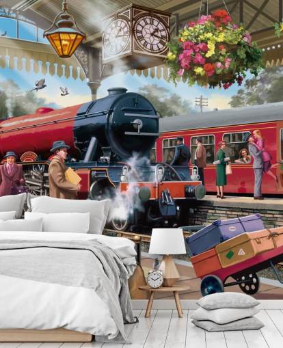 carta da parati murale colorata di epoca passata chiamata Stazione ferroviaria degli anni '60 di Victor McLindon per case di cura