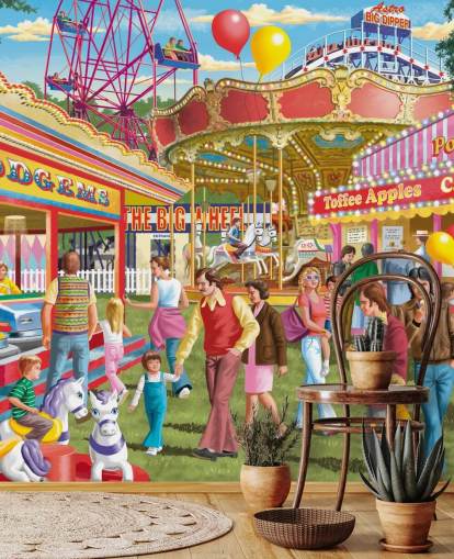 Buntes personalisierbares Tapeten-Wandbild aus vergangenen Zeiten mit dem Titel Fun at the Fayre von Victor McLindon für Pflegeheime