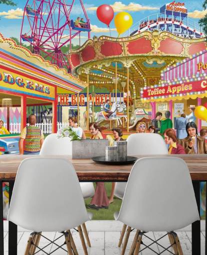 colourful customisable bygone era wallpaper mural called Fun at the Fayre by Victor McLindon for care homes colourful customisable bygone era wallpaper mural called Fun at the Fayre by Victor McLindon for care homes