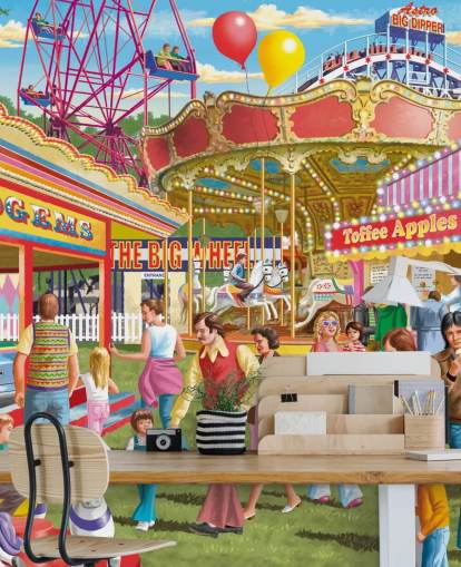 colorful customizable bygone era wallpaper mural called Fun at the Fayer by Victor McLindon for care homes