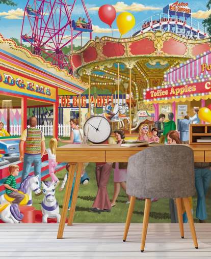 colorful customizable bygone era wallpaper mural called Fun at the Fayer by Victor McLindon for care homes
