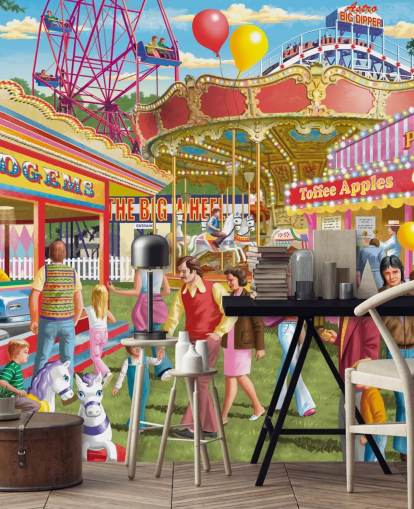 mural colorido y personalizable de papel pintado de épocas pasadas llamado Fun at the Fayre de Victor McLindon para residencias de ancianos
