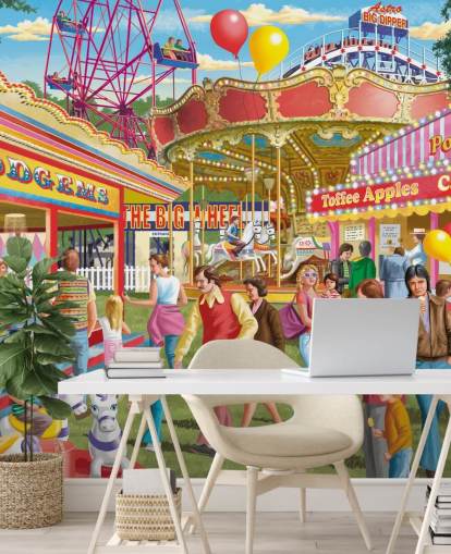 colorful customizable bygone era wallpaper mural called Fun at the Fayer by Victor McLindon for care homes