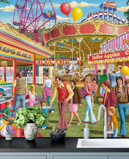 colourful customisable bygone era wallpaper mural called Fun at the Fayre by Victor McLindon for care homes