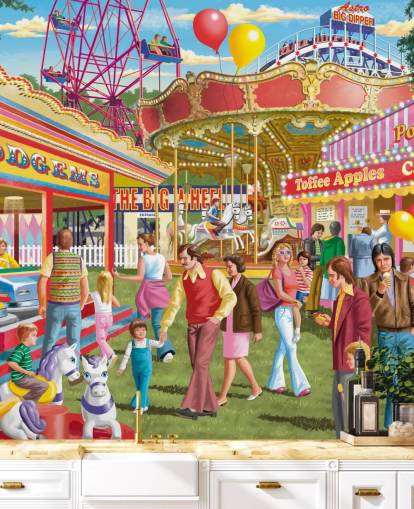 colourful customisable bygone era wallpaper mural called Fun at the Fayre by Victor McLindon for care homes
