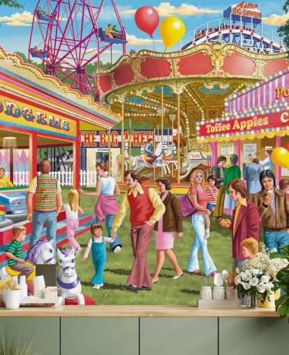 colourful customisable bygone era wallpaper mural called Fun at the Fayre by Victor McLindon for care homes