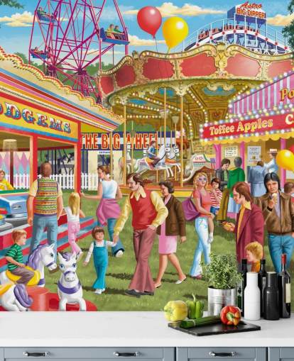 colourful customisable bygone era wallpaper mural called Fun at the Fayre by Victor McLindon for care homes