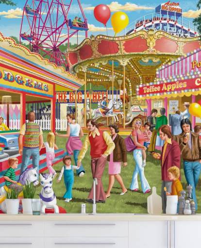colourful customisable bygone era wallpaper mural called Fun at the Fayre by Victor McLindon for care homes