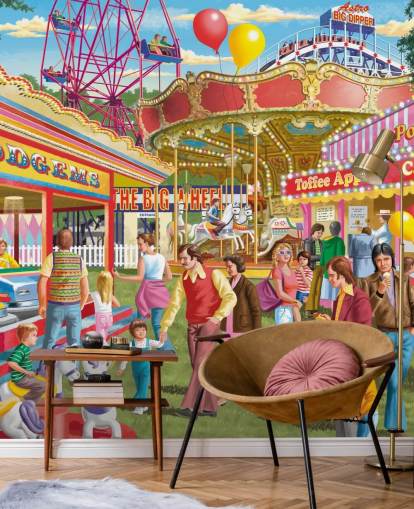 Buntes personalisierbares Tapeten-Wandbild aus vergangenen Zeiten mit dem Titel Fun at the Fayre von Victor McLindon für Pflegeheime