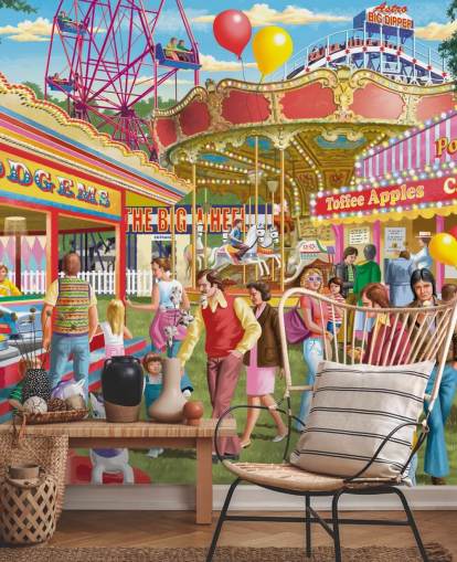 colorful customizable bygone era wallpaper mural called Fun at the Fayer by Victor McLindon for care homes