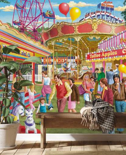 colourful customisable bygone era wallpaper mural called Fun at the Fayre by Victor McLindon for care homes