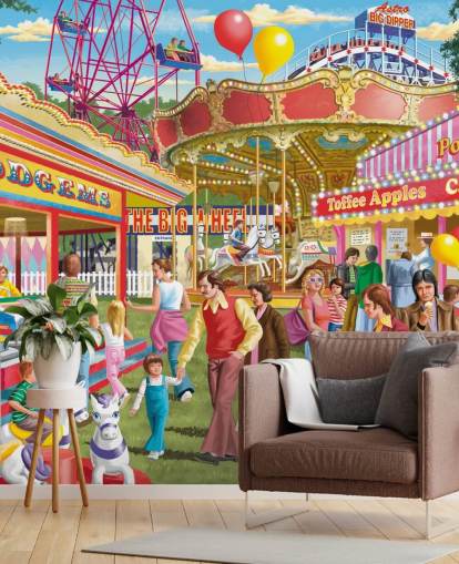 colourful customisable bygone era wallpaper mural called Fun at the Fayre by Victor McLindon for care homes