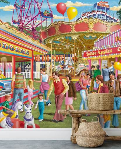 colourful customisable bygone era wallpaper mural called Fun at the Fayre by Victor McLindon for care homes