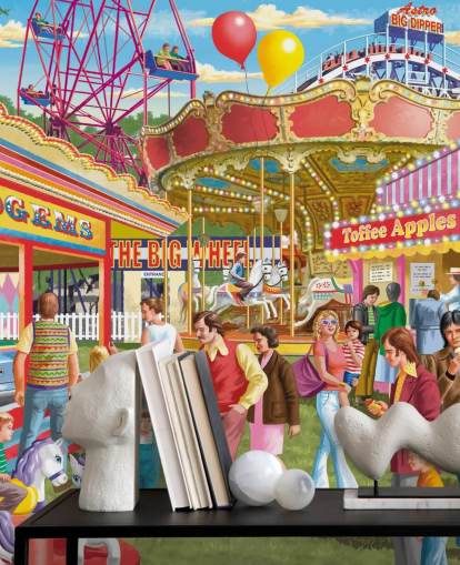 colorful customizable bygone era wallpaper mural called Fun at the Fayer by Victor McLindon for care homes