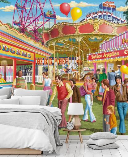 fargerikt tilpassbart tapetmaleri fra svunnen tid kalt Fun at the Fayre av Victor McLindon for omsorgshjem