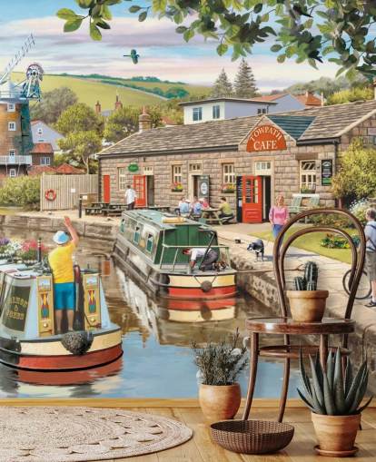 colourful custom bygone era wallpaper mural called By the Canal by Victor McLindon for care homes