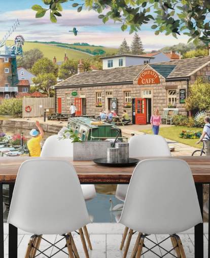 colourful custom bygone era wallpaper mural called By the Canal by Victor McLindon for care homes