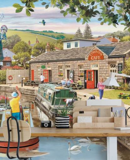 colourful custom bygone era wallpaper mural called By the Canal by Victor McLindon for care homes