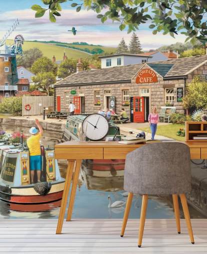 colorful custom bygone era wallpaper mural called By the Canal by Victor McLindon for care homes
